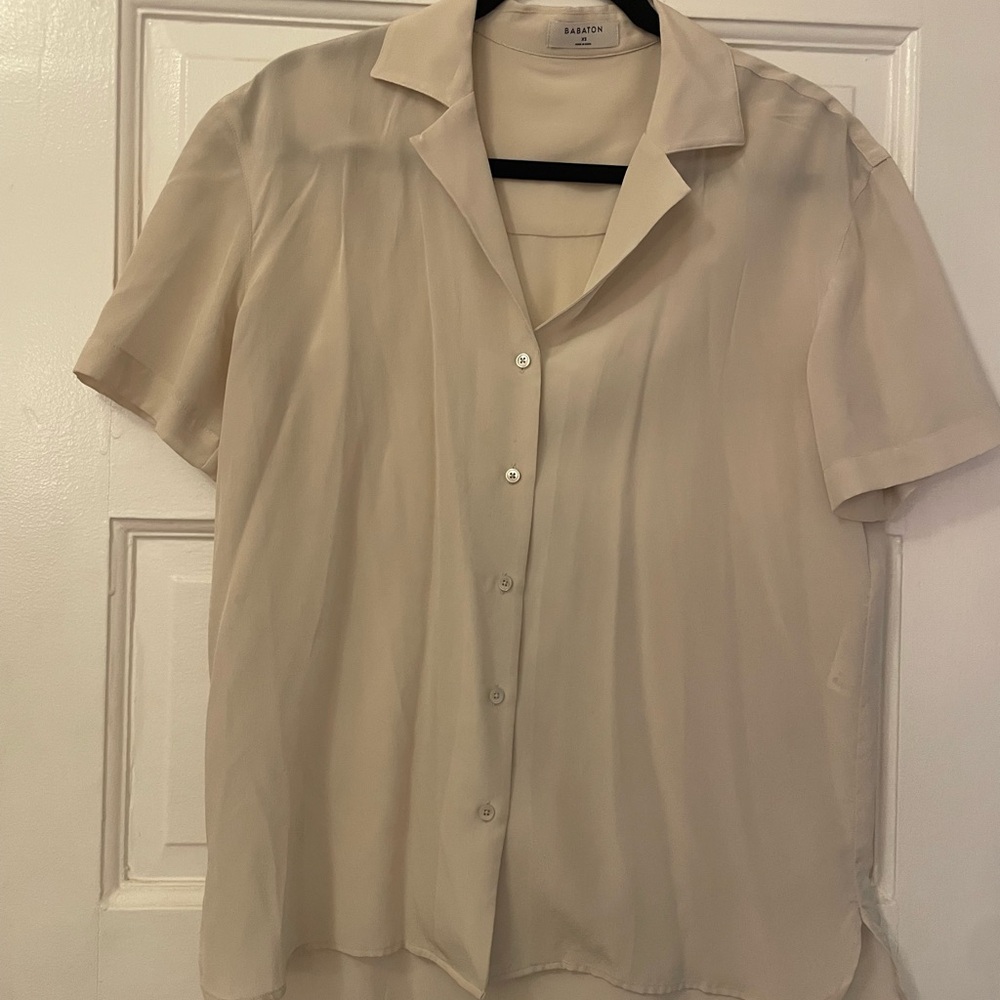 Beige Babaton Short Sleeve Button-Up silk Blouse